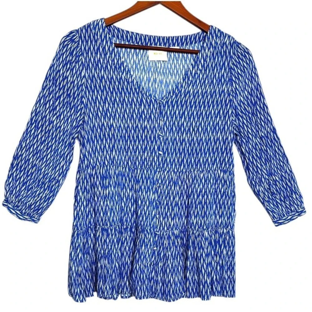 Anthropologie Maeve Abstract Ikat Button Blouse Sz M Tiered Peplum Boho Chic Top